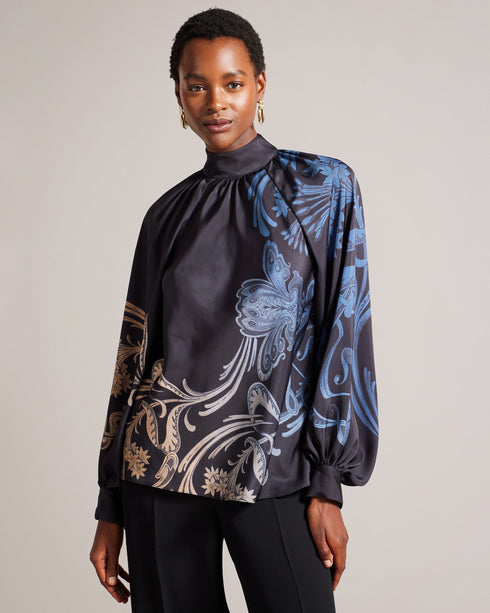 TESSAAH-Tops-When the evening calls for a nice top, TESSAAH is the go-to. Featuring our luxe gilded floral print and an oversized neck tie that brings drama to the silhouette, this blouse is both elegant and easy to wear. Satin blouse Blouson sleeves High neck Ombre gilded floral print Oversized neck tie Gathered neckline Zip fastening Silvia is 5'11" / 1.8m and wears Blue in a Ted size 1- Ted Baker Romania